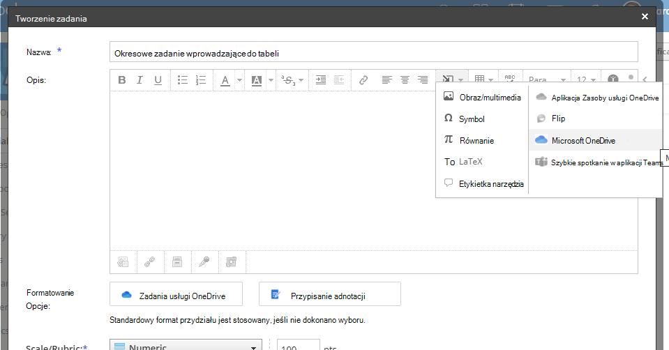 Wstawianie linku usługi OneDrive lub osadzonego dokumentu w Edytorze tekstów sformatowanych Schoology.