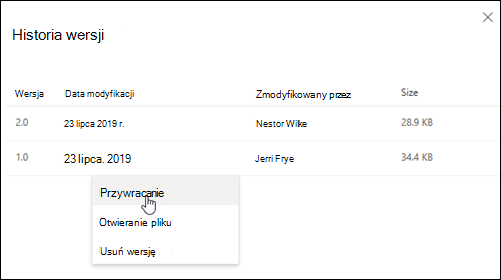 Okienko Historia wersji