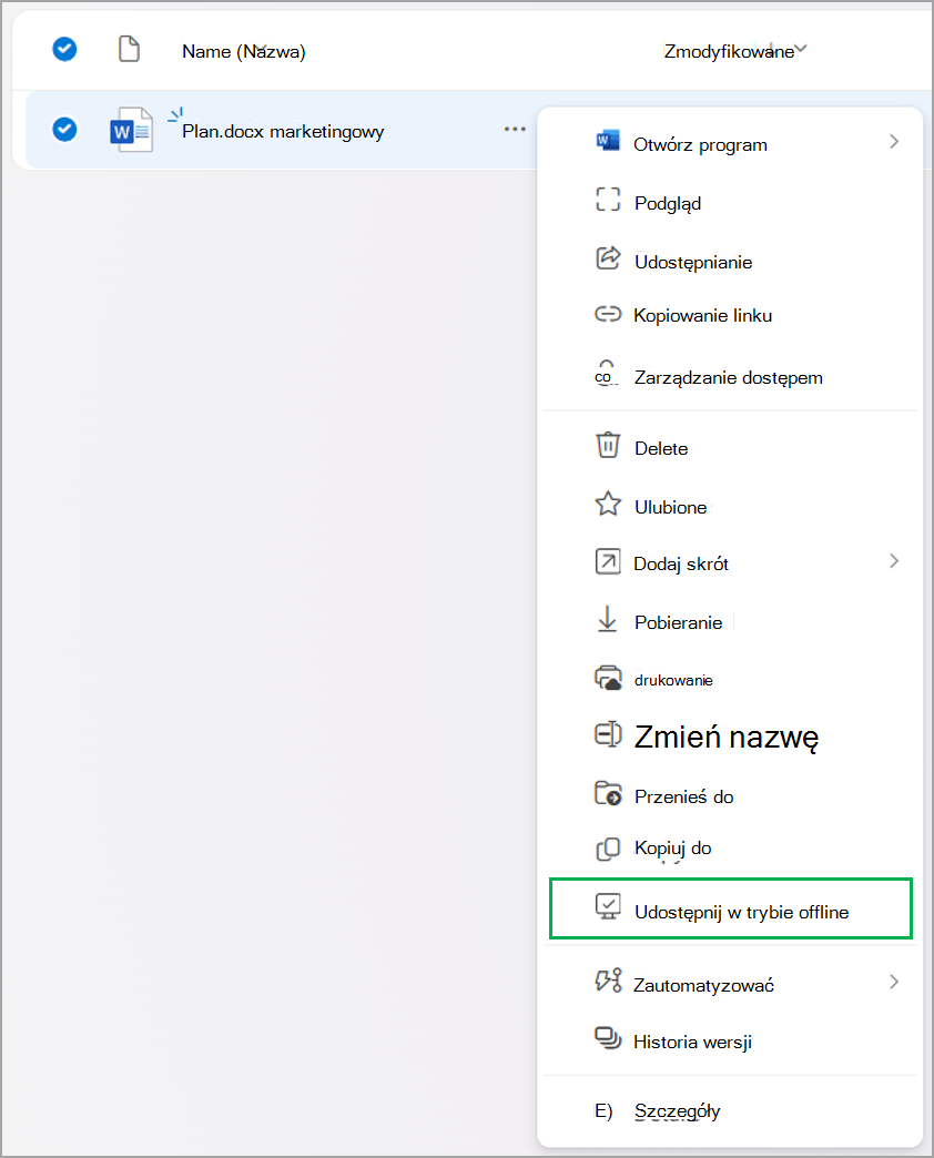 praca z seven.pngzrzutu ekranu usługi OneDrive 