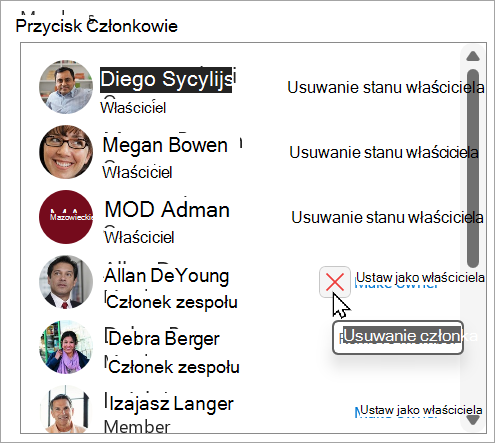 W polu Członkowie możesz usunąć status właściciela, uczynić członka właścicielem lub usunąć członka.