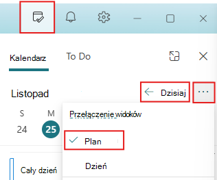 Ustawianie w okienku Mój dzień pozycji Dzisiaj i Widok planu