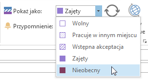 Pokazywanie stanu jako Poza biurem podczas spotkania
