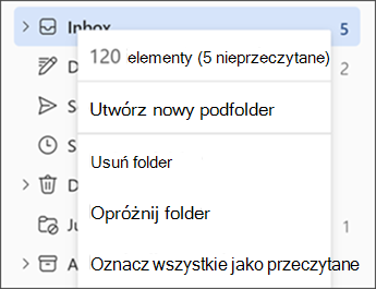 Zrzut ekranu przedstawiający menu po kliknięciu folderu prawym przyciskiem myszy