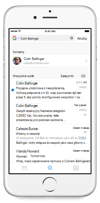 Pokazuje ekran urządzenia przenośnego z paskiem wyszukiwania u góry i wpisaną nazwą. Wyniki wyszukiwania znajdują się poniżej paska wyszukiwania.