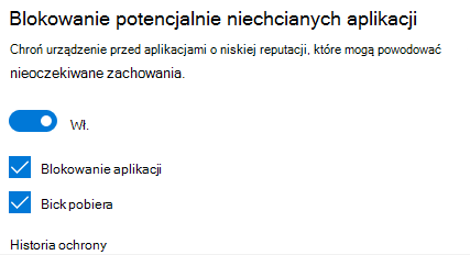 Kontrola blokowania potencjalnie niechcianej aplikacji w systemie Windows 10.