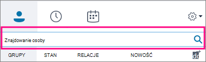 Gdy pole wyszukiwania programu Skype dla firm jest puste, dostępne są karty Grupy, Stan, Relacje i Nowy.