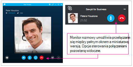 Zrzuty ekranu pełnych okien i zminimalizowanego okna programu Skype dla firm