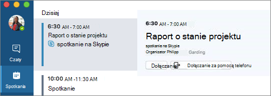 Opcja Dołącz z telefonu na karcie Spotkania