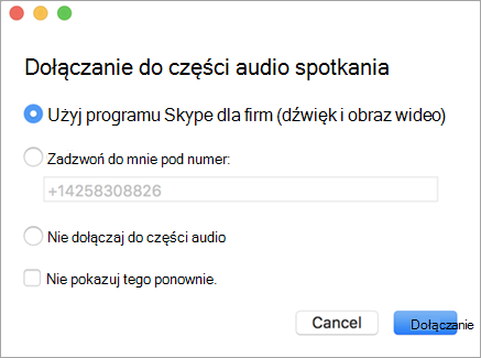 Przykładowe okno dialogowe Dołączanie do spotkania audio