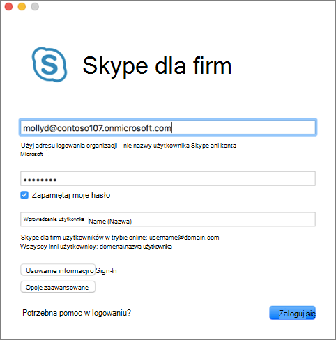 Ekran logowania w programie Skype dla firm na komputerach Mac