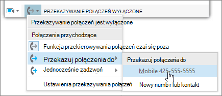 Menu główne, menu rozwijane przekazywania połączeń