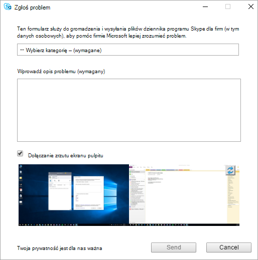 Okno dialogowe Zgłoś problem