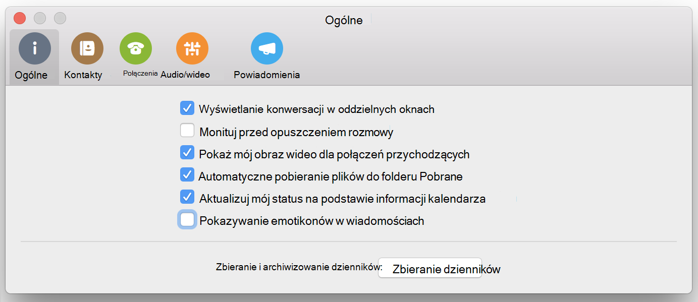 Pole wyboru Pokaż emotikony w wiadomościach na stronie Ogólne w preferencjach