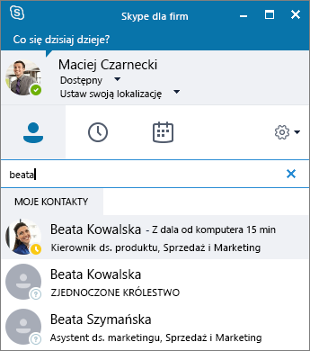 Zrzut ekranu przedstawiający okno programu Skype dla firm podczas wyszukiwania kontaktu do dodania.