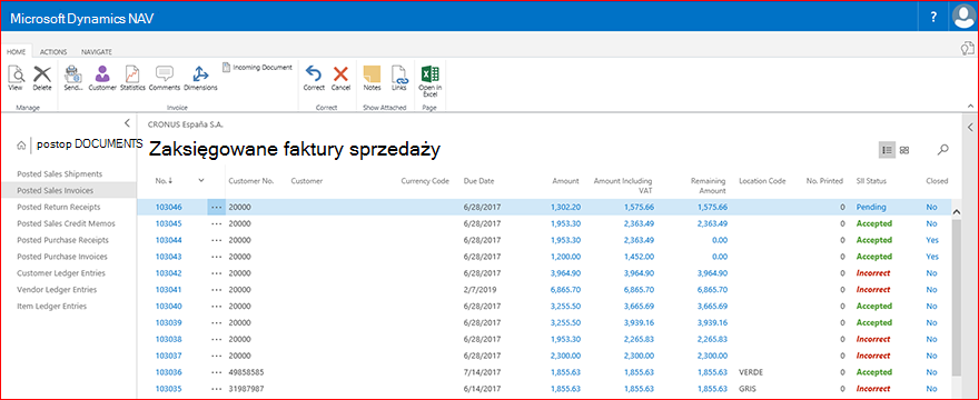 Przykład z listy zaksięgowanych faktur sprzedaży