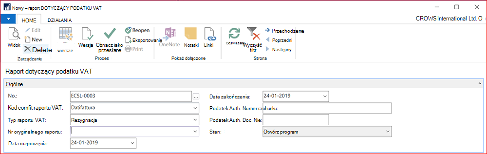 Zrzut ekranu nowego raportu dotyczącego podatku VAT
