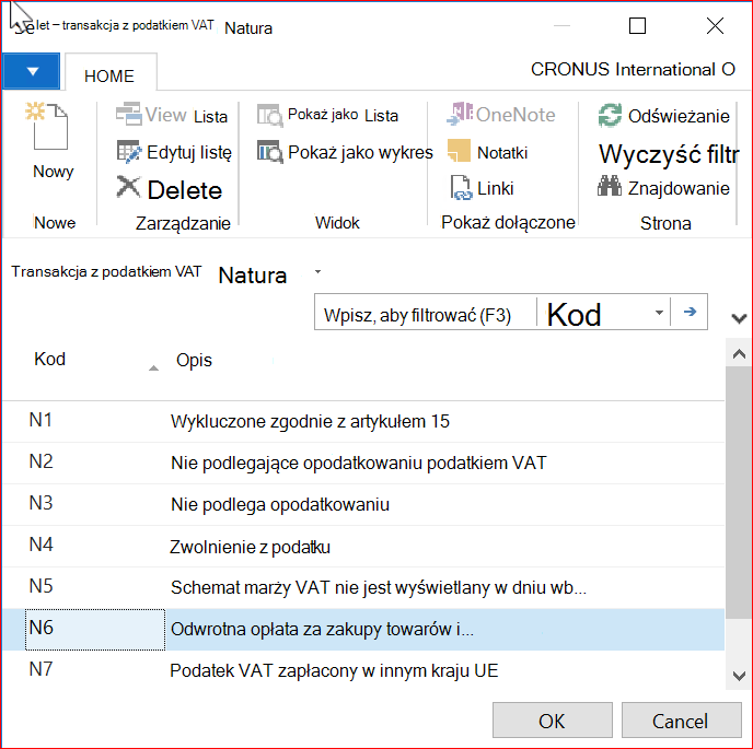 Zrzut ekranu przedstawiający okno Natura transakcji VAT