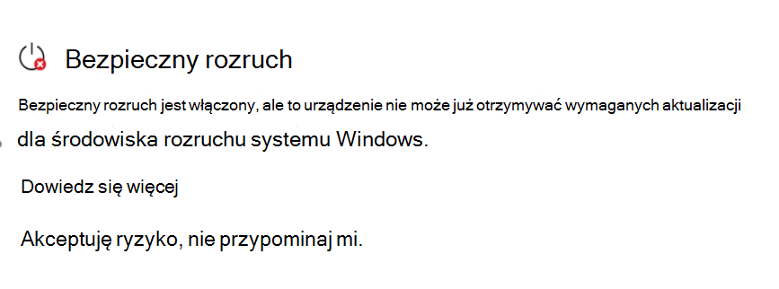 Sekcja Bezpieczny rozruch wyświetlająca stan Wymaga wykonania akcji z czerwoną ikoną zatrzymania.