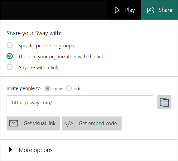 Menu aplikacji Sway na koncie organizacji