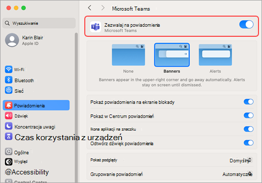 Ustawienia systemu Mac umożliwiają otrzymywanie powiadomień aplikacji Microsoft Teams