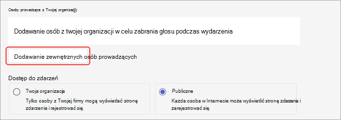 Zrzut ekranu przedstawiający sposób dodawania zewnętrznych osób prowadzących do seminarium internetowego