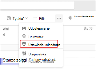 Zrzut ekranu przedstawiający ustawienia kalendarza w kalendarzu aplikacji Teams.
