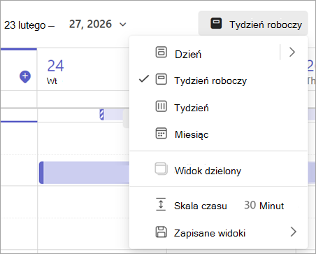 Zrzut ekranu przedstawiający menu rozwijane z różnymi widokami kalendarza w aplikacji Teams.