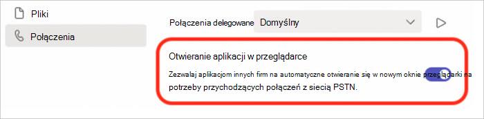 Zrzut ekranu przedstawiający ustawienia włączania lub wyłączania odbierania połączeń w wyskakującym okienku przeglądarki.