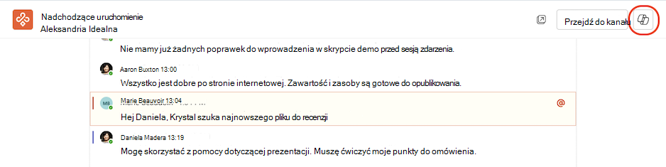 Dostęp do rozwiązania Copilot z immersywnego widoku kanałów