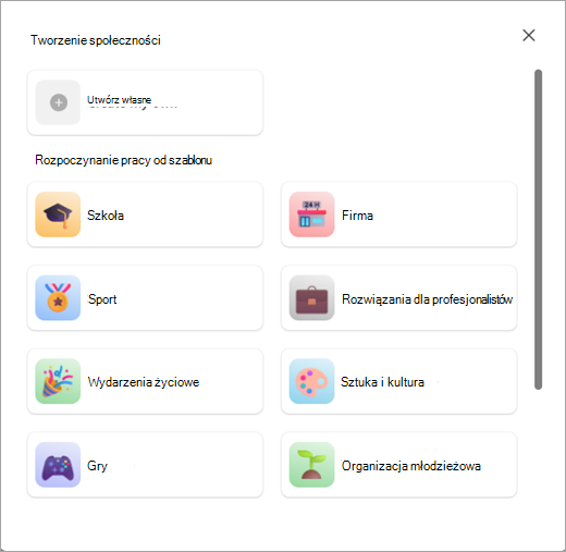 Zrzut ekranu przedstawiający przyciski służące do tworzenia społeczności z szablonem lub bez szablonu w obszarze Społeczności w usłudze Microsoft Teams (wersja bezpłatna).