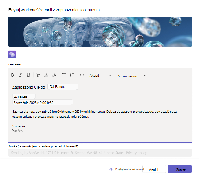 Zrzut ekranu przedstawiający sposób edytowania zaproszeń e-mail na spotkanie pracowników
