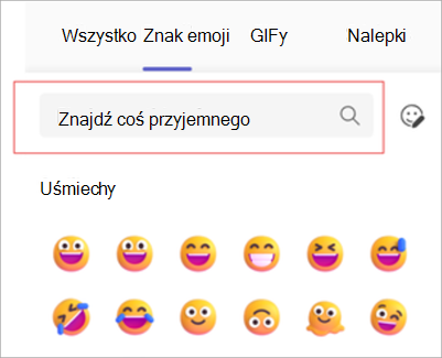 Zrzut ekranu przedstawiający wyszukiwanie słów kluczowych w menu emoji.