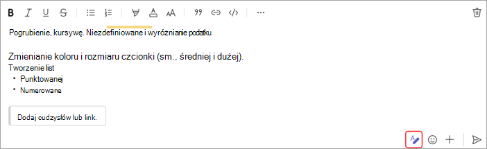 Zrzut ekranu przedstawiający opcje formatowania wiadomości czatu