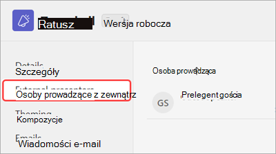 Zrzut ekranu przedstawiający wyróżnioną kartę osób prowadzących z zewnątrz w formularzu planowania spotkania pracowników
