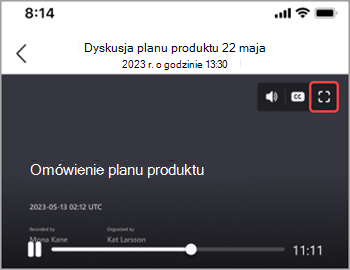 Naciśnij ikonę pełnoekranową, aby wyświetlić nagranie spotkania na całym ekranie.