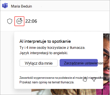 Zrzut ekranu z wyróżnionym wskaźnikiem tłumacza podczas spotkania w aplikacji Microsoft Teams.