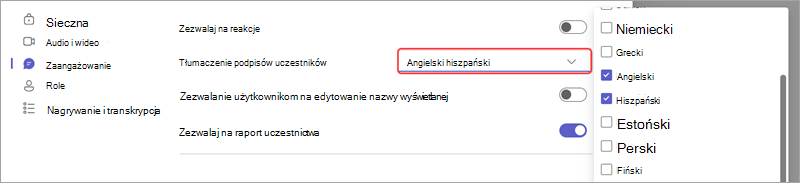 Opcja spotkania pokazująca, jak dodać języki dla przetłumaczonych na żywo podpisów w zdarzeniu.