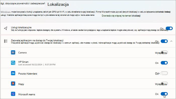Zrzut ekranu okna ustawień lokalizacji w Windows 11