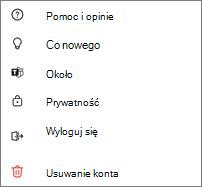 Zrzut ekranu przedstawiający bezpłatne ustawienia aplikacji Teams dla urządzeń przenośnych z pomocą, nowościami, prywatnością, wylogowaniem i usunięciem konta