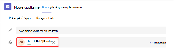 Zrzut ekranu przedstawiający sposób łączenia MTR z wydarzeniem na żywo w aplikacji Teams.