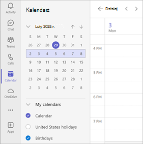 Zrzut ekranu przedstawiający wiele kalendarzy wybranych w kalendarzu aplikacji Teams.