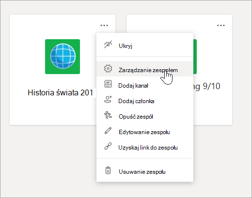 Edytuj menu i ustawienia dla zespołu.