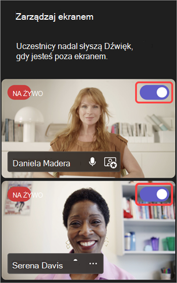 Zrzut ekranu z wyróżnionym przełącznikiem umożliwiającym włączanie i wyłączanie ekranu.