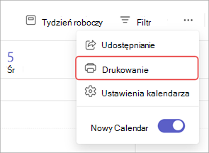Zrzut ekranu z wyróżnioną opcją Drukuj w kalendarzu aplikacji Teams.