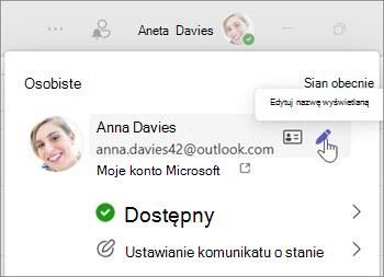 Zrzut ekranu przedstawiający zdjęcie profilowe z dłonią wskazującą ołówek w celu wyboru opcji