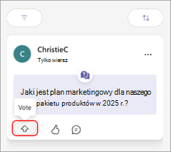 Wiadomość w aplikacji Teams z przyciskiem Głosuj i strzałką w górę.