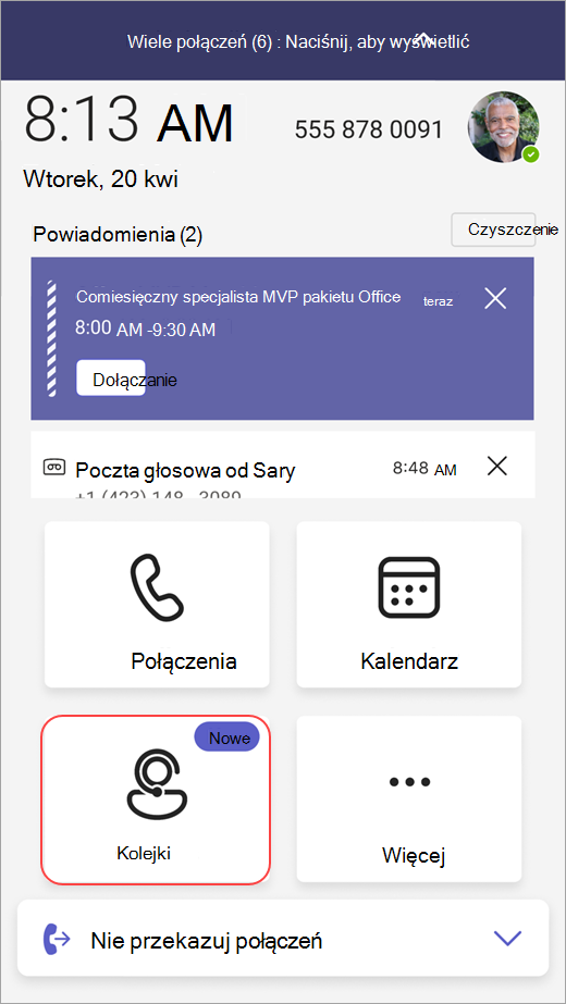 Zrzut ekranu przedstawiający punkt wejścia do Kolejki na urządzeniu Teams Phone