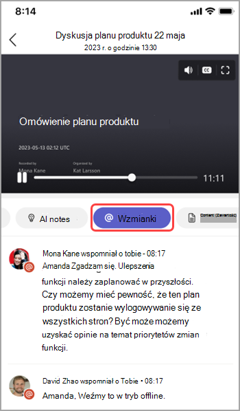 Wyświetl wzmianki o nazwach w podsumowaniach spotkań w aplikacji Teams.