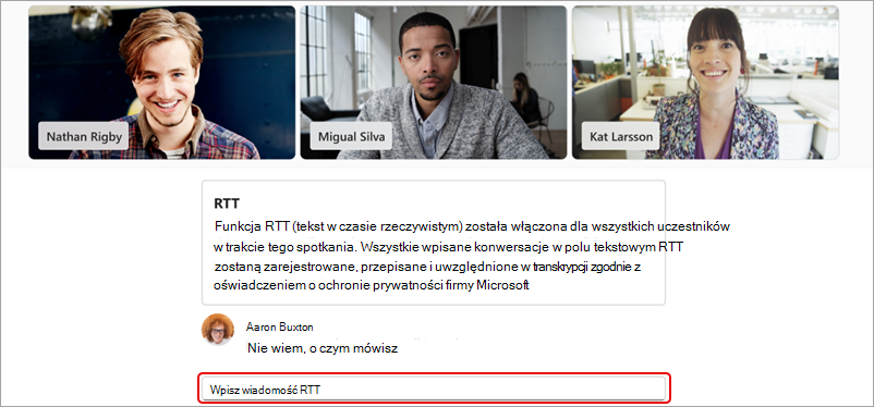 Zrzut ekranu przedstawiający pole, w którym są wprowadzane wiadomości RTT.