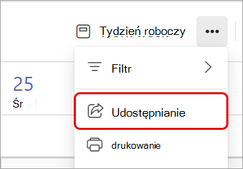 Zrzut ekranu z wyróżnioną opcją Udostępnij w kalendarzu aplikacji Teams.